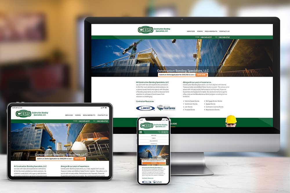Responsive display of the 'Construction Bonding' website, created by CPS.