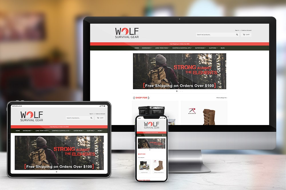 Responsive display of the 'Wolf Survival Gear' e-commerce website, created by CPS.