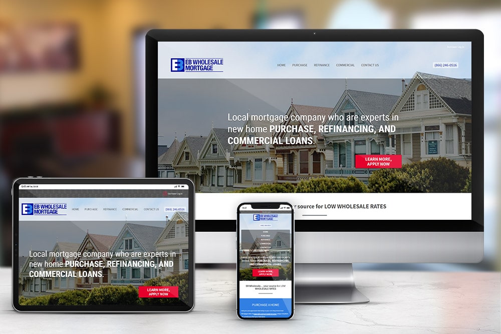 Responsive display of the 'EB Wholesale Mortgage' website, developed by CPS.