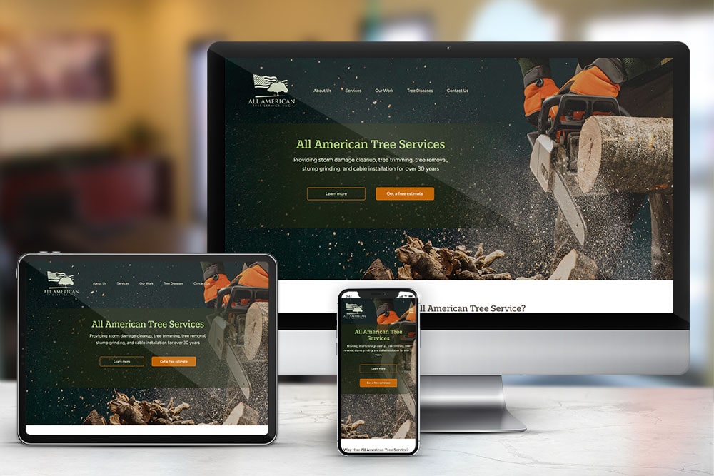 Responsive display of the 'All American Tree Services' website, created by CPS.