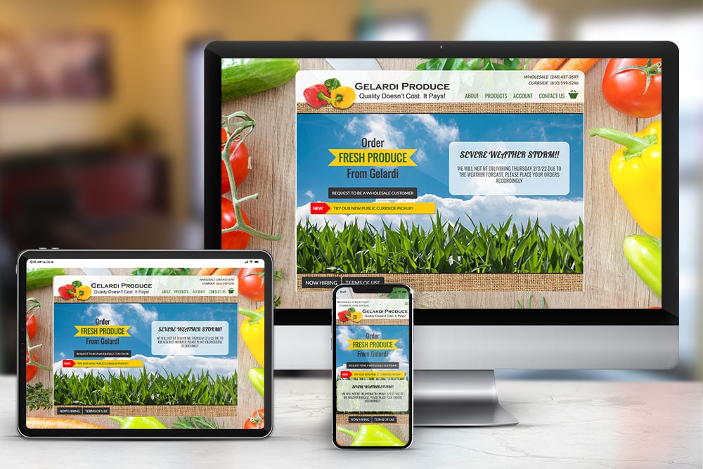 Responsive display of the 'Gelardi Produce' e-commerce website and CRM, developed by CPS.