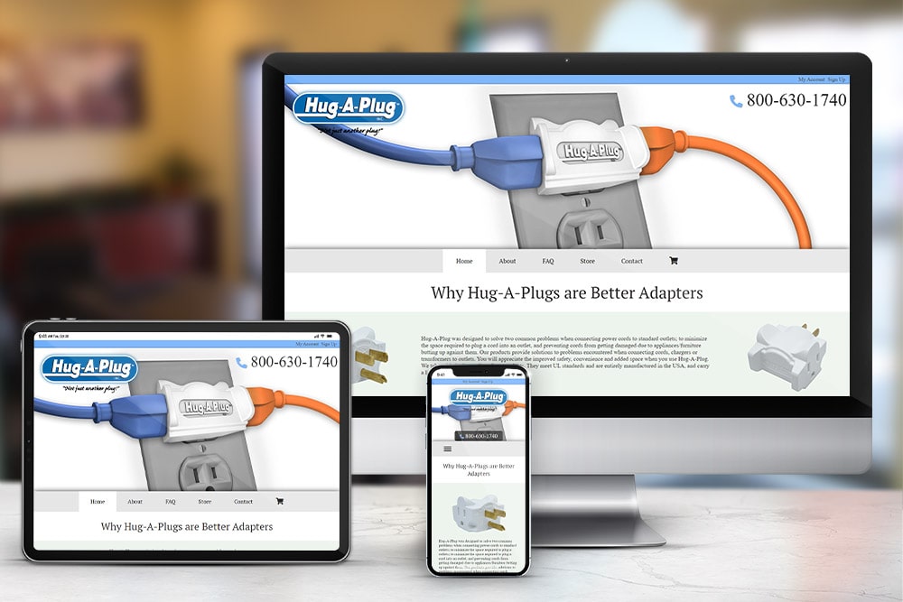 Responsive display of the 'Hug-A-Plug' e-commerce website, created by CPS.