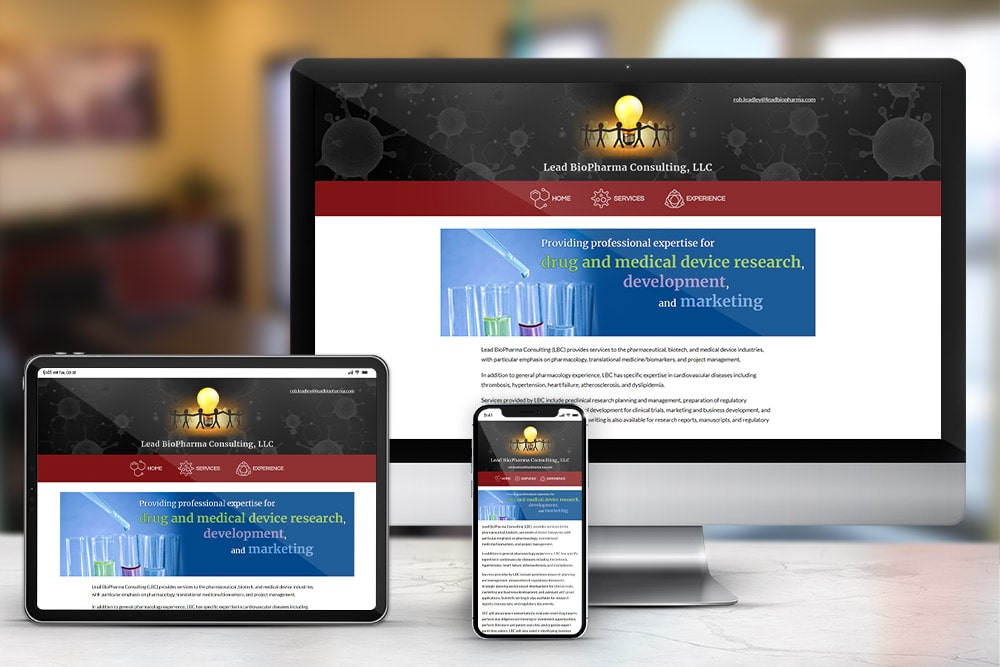 Responsive display of the 'Lead BioPharma' website, designed by CPS.