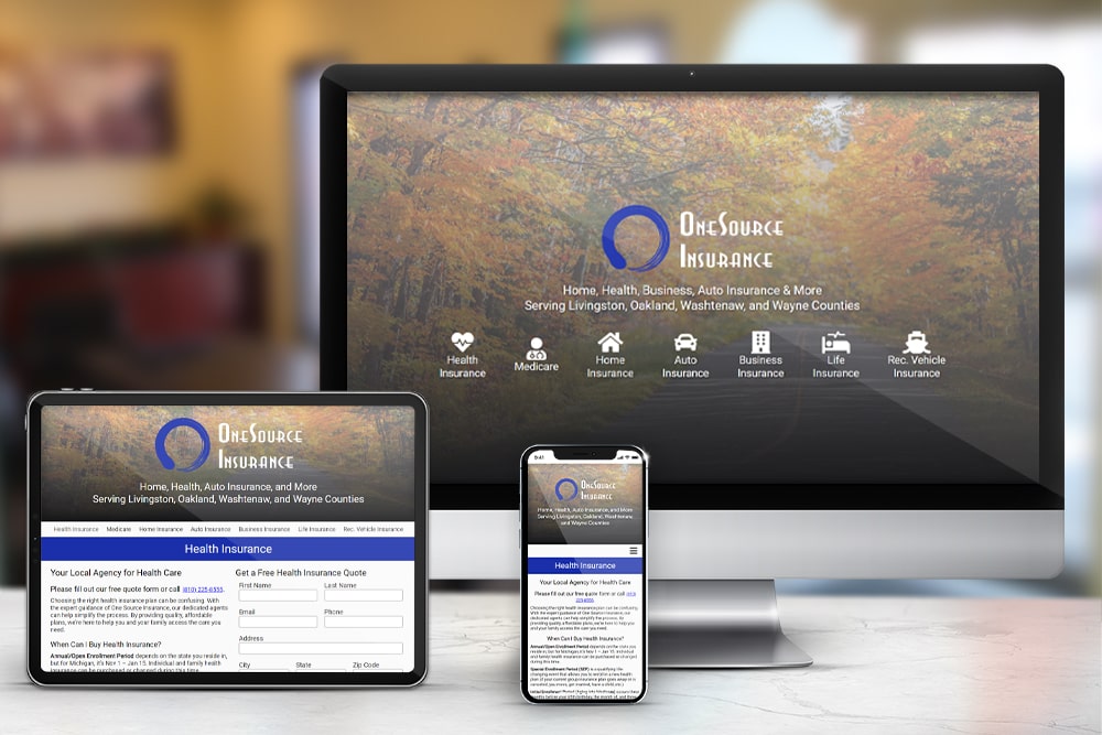Responsive display of the 'OneSource Insurance' website, created by CPS.