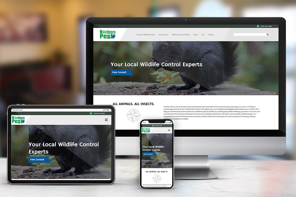 Responsive display of the 'Northern Pest' website and CRM, developed by CPS. 