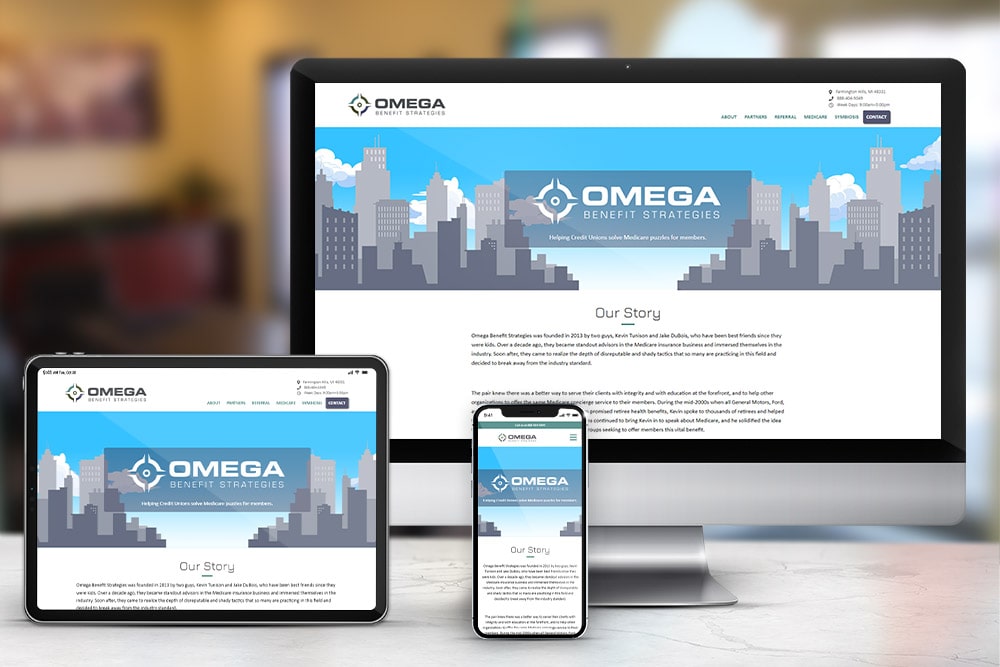 Responsive display of the 'Omega Benefit' website design, created by CPS.