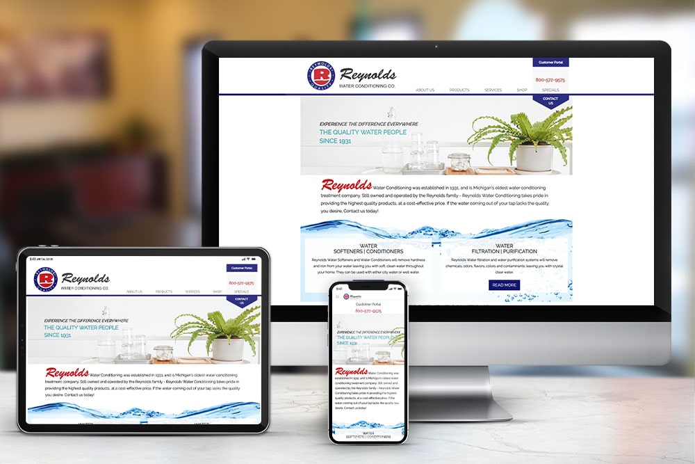 Responsive display of the 'Reynolds Water' website, designed by CPS.