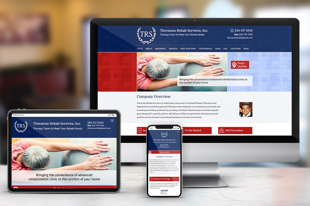 Responsive display of the 'Theramax Rehab' website, designed by CPS.